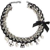 Fashion Jewelry Inspired Designer Statement Imitation Pearl Black Chain Bowknot Charm Bridal Chocker Logo Necklace for Women