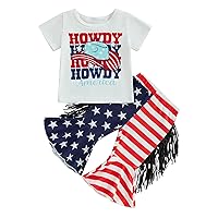 Gueuusu Western Baby Girl Clothes HOWDY Short Sleeve T Shirt Top Cow Print Tassel Bell Bottom Pants Country Summer Outfit