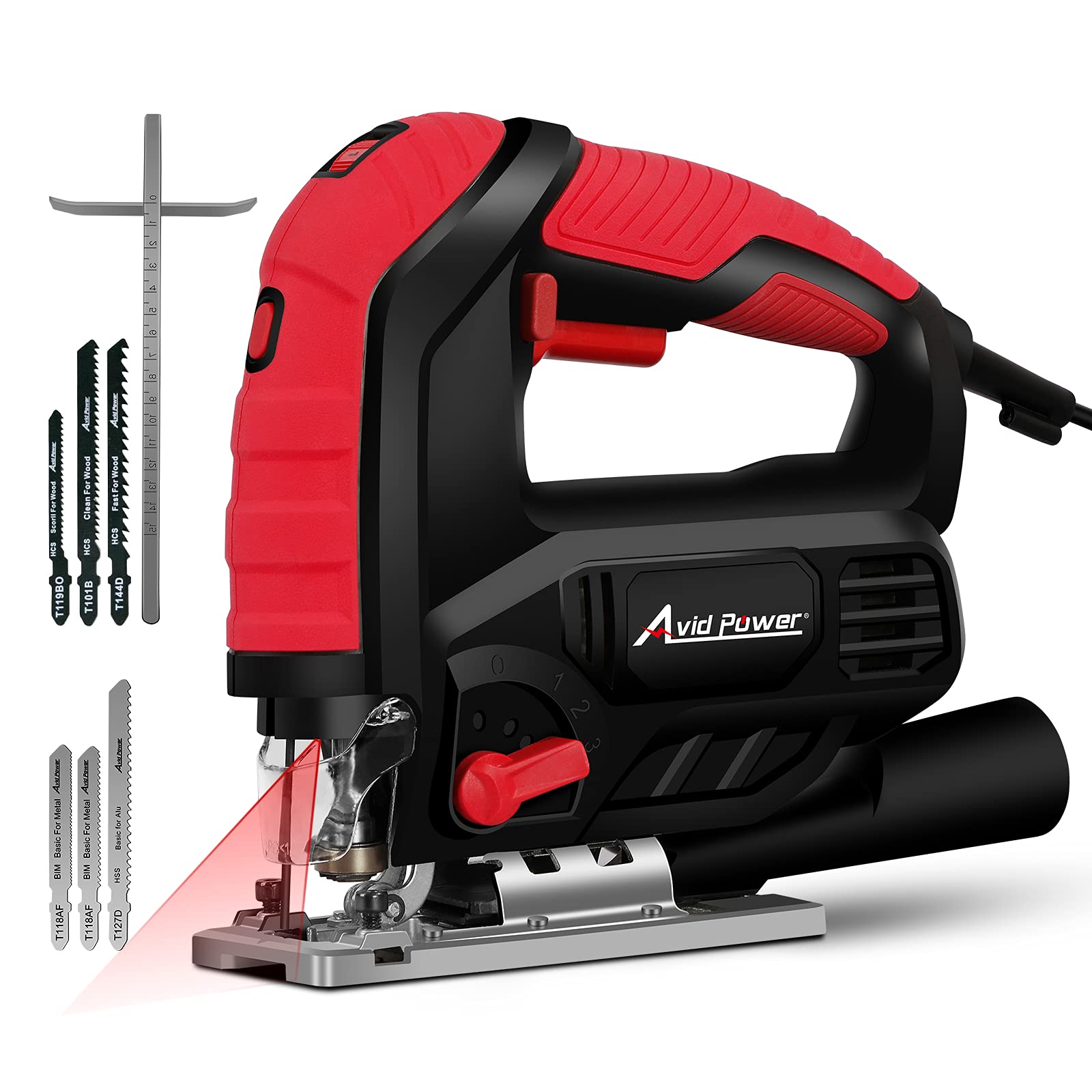 AVID POWER Jig Saw, 7.0A 3000 SPM Jigsaw with Variable Speed, Bevel Angle (0°-45°), 6PCS Blades and Scale Ruler