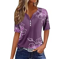 Short Sleeve Shirts for Women Fashion Casual Vintage Printed V-Neck Decorative Button T-Shirt Top