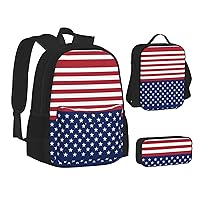 American Flag Stars Stripes Print Backpack 3 Pcs Set Travel Hiking Lightweight Water Laptop Pencil Case Insulated Lunch Bag