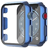Misxi 2 Pack Hard PC Case with Tempered Glass Screen Protector Compatible with Apple Watch Series 2 Series 3 38mm, Anti-Drop Scratch Resistant Lightweight Cover for iWatch, 1 Blue + 1 Transparent