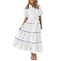 PRETTYGARDEN Womens Summer Button Down Shirt Dress Short Puffy Sleeve Tiered Ruffle Flowy Long Maxi Dresses