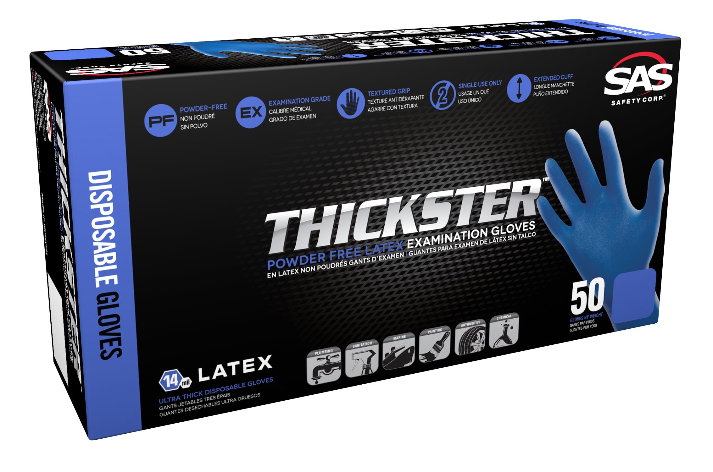 THICKSTER SAS Safety SAS Safety 6604-20 Thickster Powder Free Exam Grade Disposable Latex 14 Mil Gloves, Extra Large, 50 Gloves by Weight