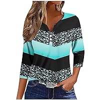 Womens 3/4 Length Sleeve Tops Casual Button Down Summer Shirts Printed Loose Fit Three Quarter Length Sleeve Blouses