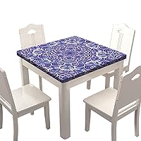Fitted Living Room Tablecloths Square, Mandala Purple Art Flowers Elastic Edged Decor Table Cover, Erasable Washable Polyester Tablecloth, for Family Garden Patio Table Cloth, Fits 42x42 inch Table