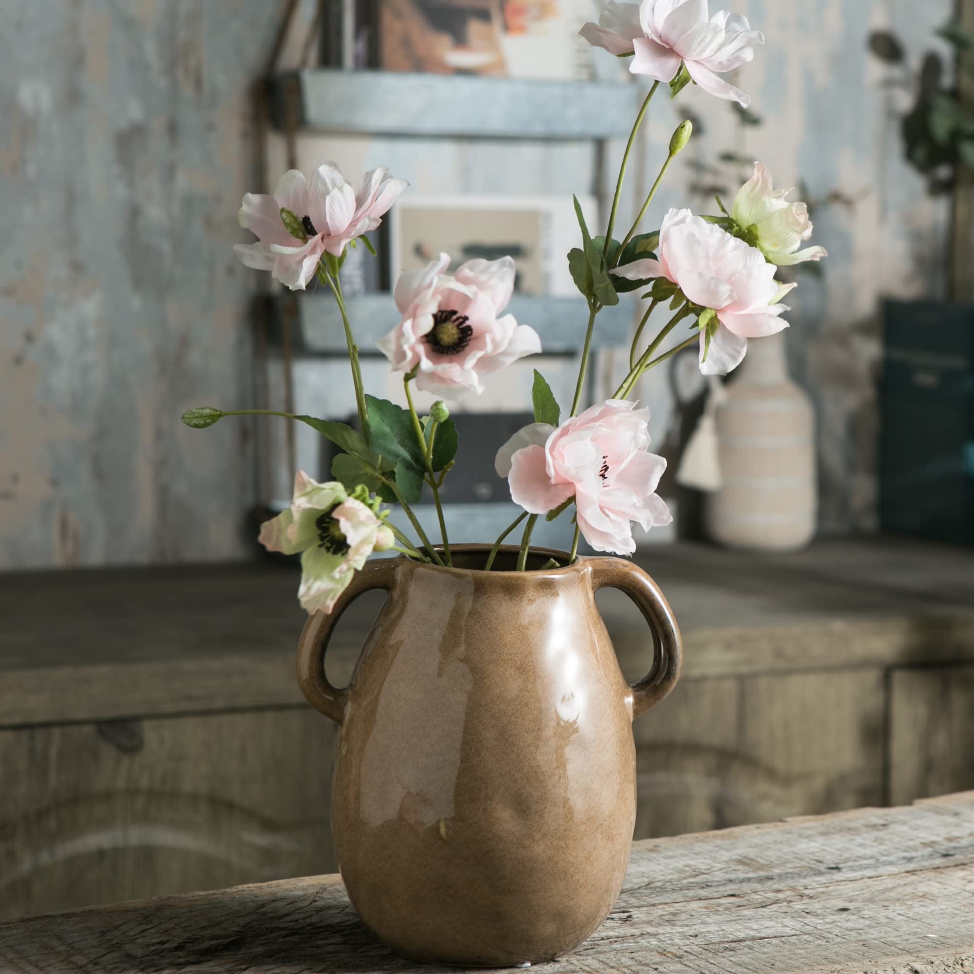 Tanvecle Brown Ceramic Vase with 2 Handles, Modern Farmhouse Vase for Home Decor, Rustic Terracotta Vase, Decorative Pottery Flower Vase, Clay Small Vase, Centerpieces for Dining Table - 7 Inch Tall