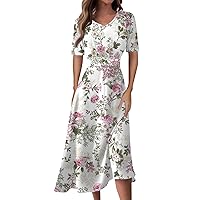 Summer Spring Dress for Women Casual Fashion Short Sleeve Dress Floral Printed Slim Fit Midi Dress