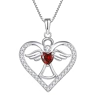 FJ Heart Guardian Angel Pendant Necklace 925 Sterling Silver Angel Wing Necklace with Birthstone Cubic Zirconia Jewellery Gifts for Women Girls