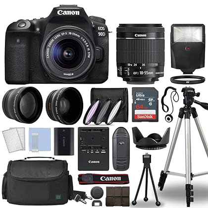 Canon EOS 90D Digital SLR Camera Body with Canon EF-S 18-55mm f/3.5-5.6 is STM Lens 3 Lens DSLR Kit Bundled with Complete Accessory Bundle + 64GB + Flash + Case/Bag & More - International Model