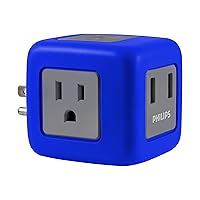 Philips 3-Outlet Extender with 2-USB Port Surge Protector, Charging Station, 245 Joules, Grounded Wall Tap, 3-Prong, 2.4 AMP/12 Watt, Space Saving Design, Sea Blue/Gray, SPP3202UA/37