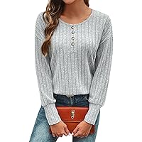 Women's Flannel Shirts Fashion Casual Long Sleeve Round Neck Solid Color Button Knit Top Blouses Casual, S-2XL