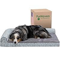 Furhaven Cooling Gel Dog Bed for Large/Medium Dogs w/ Removable Bolsters & Washable Cover, For Dogs Up to 55 lbs - Plush & Almond Print L Shaped Chaise - Gray Almonds, Large
