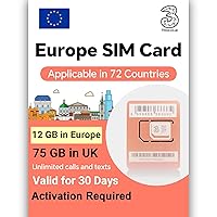 UK SIM Card 30Days 75GB / Europe SIM Card 30Days 12GB, Unlimited Local Calls and SMS, Applicable to 72 Countries, Support 4G/5G Operating Networks, Unlimited Speed UK Three SIM Card.