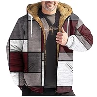Men's Hooded Jacket Retro Print Zip Up Heavyweight Sherpa Fleece Lined Oversized Sweatshirt Warm Thick Winter Coat