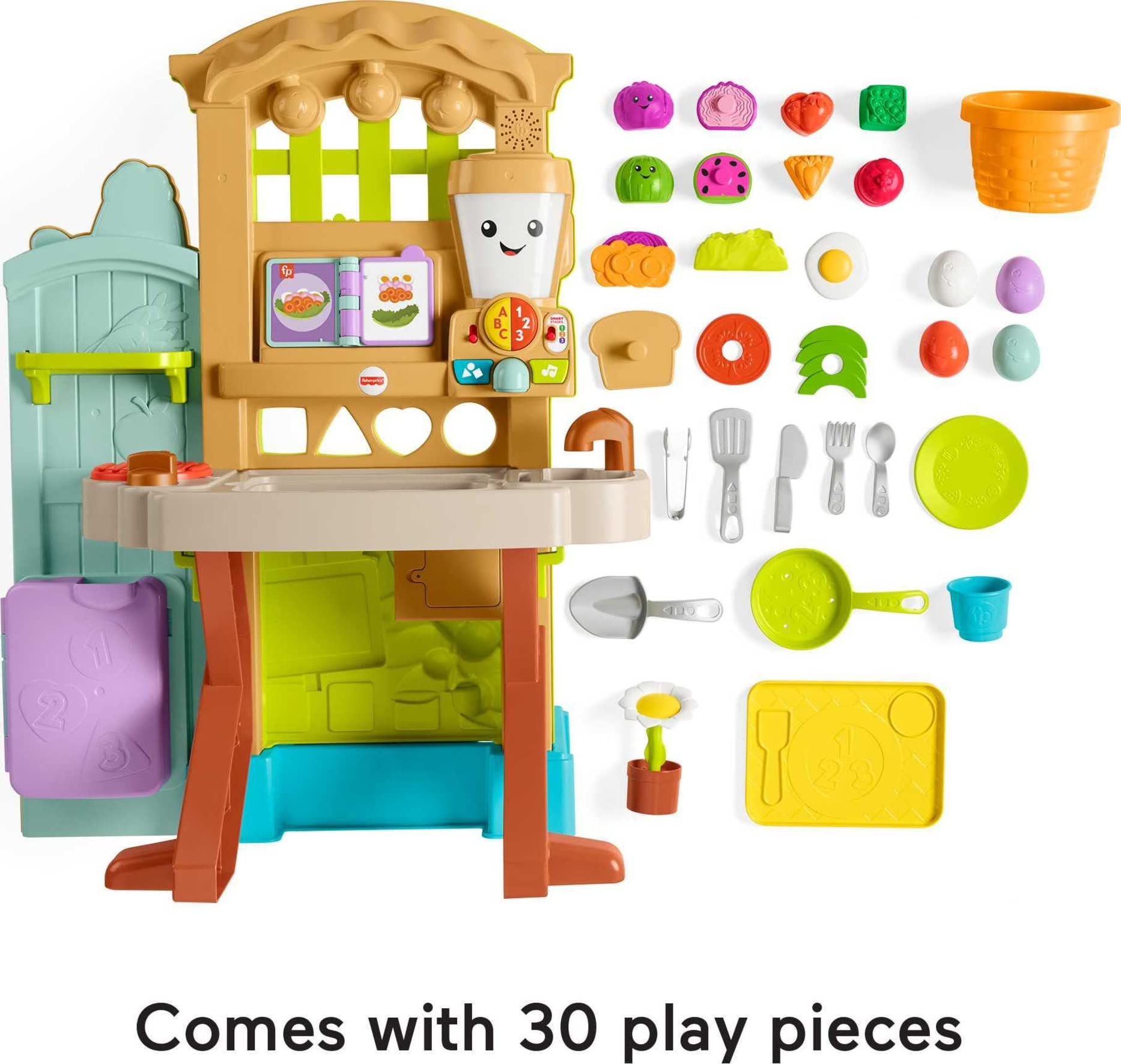 Fisher-Price Laugh & Learn Grow-the-Fun Garden to Kitchen, Interactive Farm-to-Kitchen Playset for Toddlers with Music, Lights and Learning Content