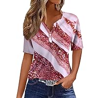 Womens Summer Tops,Womens Color Block Button Down Henley V Neck Boho Short Sleeve Shirts Loose Tunic Y2K Tops
