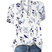 Women's V Neck Shirts Printed-Neck Short Sleeved Shirt Pullover Loose Blouse Tops Oversized Graphic Tees, S-3XL