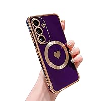 phylla Magnetic Phone Case for Samsung Galaxy S24+ Plus 5g [ Compatible with MagSafe ] Luxury Plated Cute Love Heart Protective Cover Soft Shockproof Side Elegant Heart Pattern Bumper (Deep Purple)