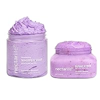 Whipped Soap Scrub, Whipped Cream Soap and Shave Butter, Sugar Scrub with Shea Moisture, Exfoliating Lavender Body Scrub, Natural Vegan Body Skin Self Care Gift Set for Women and Teen Girls (Lavender)