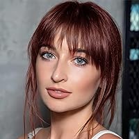 Clip in Bangs 100% Human Hair Extensions Wine Red bangs hair clip Fringe with Temples Wigs for Women Everyday Wear Curved Bangs (Wispy Bangs, Wine Red)