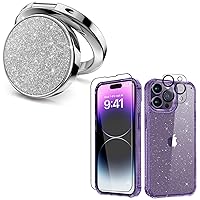 MIODIK Bundle - for iPhone 14 Pro Case Clear Glitter (Light Purple) + Phone Ring Holder (Silver), with Screen Protector & Camera Lens Protector, Protective Shockproof for Women