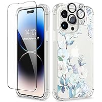 GVIEWIN for iPhone 14 Pro Case with Screen Protector & Camera Lens Protector, Floral Slim Shockproof Protective Hard PC+TPU Bumper Flower Women Phone Cover for 14 Pro, 6.1