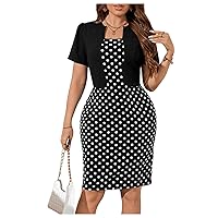 MakeMeChic Women's Plus Size Elegant Polka Dots Short Sleeve Bodycon Pencil Dress Square Neck Office Dress