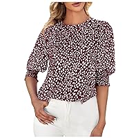 Women's Floral T Shirts Puff Sleeve Summer Tops Loose Crew Neck Trendy Blouses Holiday T-Shirt Comfort Tunic Top