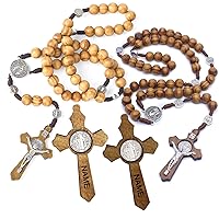 2Pack Handmade Retro Natural Wooden Beads Rosary Necklace with Customizable Cross Pendant - Religious Prayer Crucifix Catholic Jewelry for Prayer, Confirmation, Holy Communion, Baptism, and Weddings