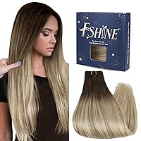 Fshine Sew in Hair Extensions Ombre 20 Inch Real Human Hair Weft Hair Extensions Brunette to Ash Brown and Platinum Blonde Sew in Hair Extensions Straight Remy Human Hair for Women 100g