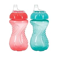 Nuby 2-Pack No Spill Easy Grip Trainer Cup 10 oz, Coral/Aqua or Pink/Purple