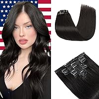 Elailite Clip in Human Hair Extensions, 125g 20 Inch 7pcs #1B Natural Black 100 Real Human Hair, Double Weft Handmade Soft Natural Straight Brazilian Virgin Remy Human Hair for Women