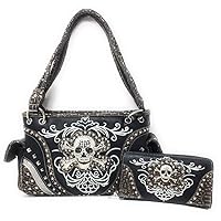 Texas West Rhinestone Embroidered Metal Skull Leather Women Handbag With Matching Wallet 6 colors