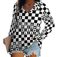 Chess Board Print Women's Long Sleeve Shirts Athletic Workout T-Shirts V Neck Sweatshirts Casual Tops
