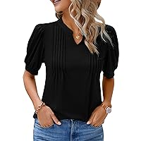 Blooming Jelly Womens Dressy Casual Tops Puff Sleeve Work Blouses Pleated V Neck T Shirts