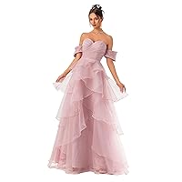 Off-Shoulder Formal Petal Hem Tulle Long Prom Dress, Sweet A-line Split Thigh Backless Evening Homecoming Gown
