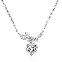 StarGems® Bowknot Heart-Shape 1ct Moissanite 925 Silver Platinum Plated Necklace 40+5cm NX101