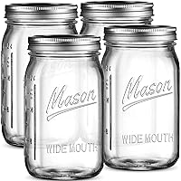 SEWANTA Wide Mouth Mason Jars 32 oz [4 Pack] With mason jar lids and Bands, mason jars 32 oz - For Canning, Fermenting, Pickling - Jar Decor - Microwave/Freeze/Dishwasher Safe.
