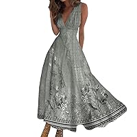 Sundresses for Women,2024 Spring Summer Elegant Wrap V Neck Sleeveless Maxi Dress,Trendy Boho Floral Print Flowy Beach Dress