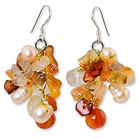 NOVICA Artisan Handmade Cultured Freshwater Pearl Carnelian Cluster Earrings Beaded .925 Sterling Silver Red Orange Dangle Thailand Celosia Birthstone 'Summer's Glow'