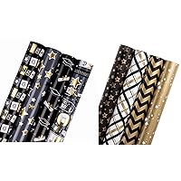 WRAPAHOLIC [2-PACK] Black & Gold Graduation Theme Wrapping Paper Set