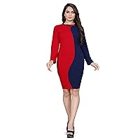 Woman's Lycra Colour Block Blue And Red Bodycon Dress (Blue-Red, XS)