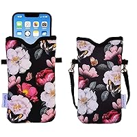Men Women Neoprene Phone Sleeve Pouch Case Bag with Crossbody Strap/Neck Lanyard for iPhone 15/14 Pro Max, 15/14 Plus, Samsung S24+, S23, A54, Z Fold5, Google Pixel 8 (Black Floral)