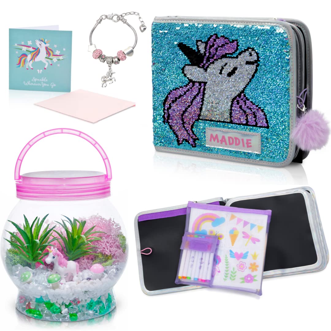 Unicorn Gifts for Girls - DIY Terrarium Craft Kit Plus + Erasable Doodle Book Set - with Bonus Unicorn Charm Bracelet