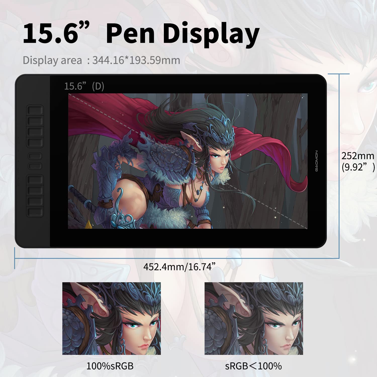 GAOMON PD1560 15.6 Inches 8192 Levels Pen Display with Arm Stand 1920 x 1080 HD IPS Screen Drawing Tablet with 10 Shortcut Keys Black