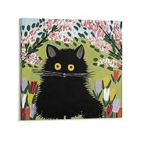 Black Cat with Tulips And Apple Blossoms By Maud Lewis Prints Canvas Wall Art Prints Poster Gifts Photo Picture Painting Posters Room Decor Home Decorative 12x12inch(30x30cm)