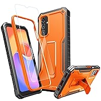 for Samsung Galaxy A14 5G Case, Dual Layer Shockproof Heavy Duty Case for Samsung A14 Phone with a Glass Screen Protector, Built in Kickstand (Orange)