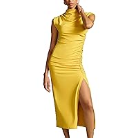 Women's 2023 Summer Mock Neck Sleeveless Bodycon Ruched Cocktail Party Wedding Guest Maxi Side Slit Tank Dresses