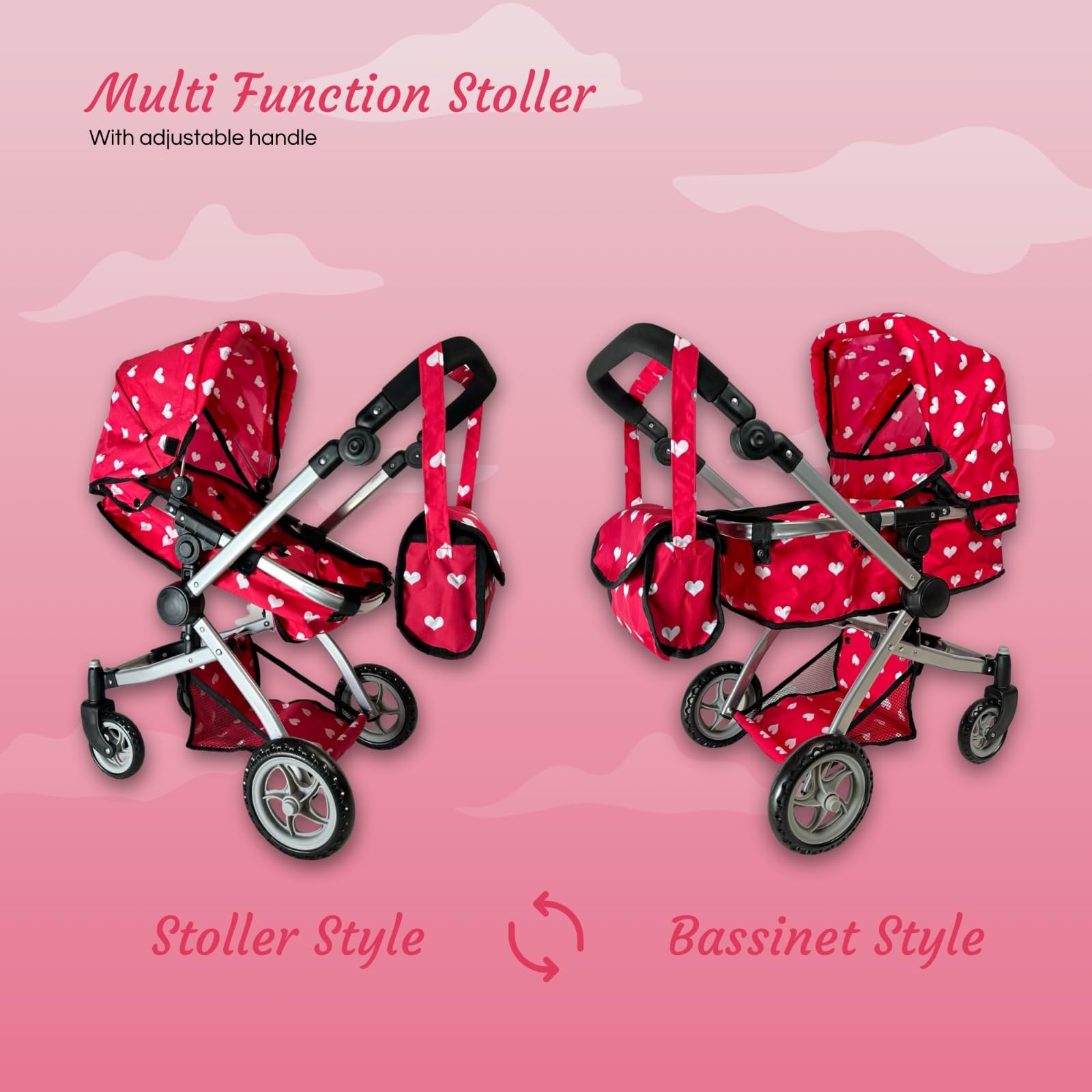 Convertible Combo Baby Doll Stroller for 3 Year Old Girls & Up | Play Toy Baby Stroller for Dolls, Folding Adjustable Bassinet Carriage Buggy with Storage Basket Converts to Sit Up Pushcart Pram